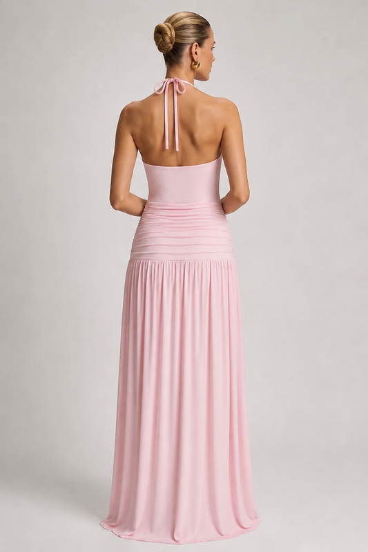 Maternity Maxi Dress – Halter Sleeveless Pregnancy Dress with Pleated Long Skirt