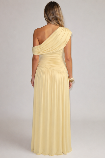 Maternity Maxi Dress – One Shoulder Asymmetric Neckline Ruched Prenatal Dress