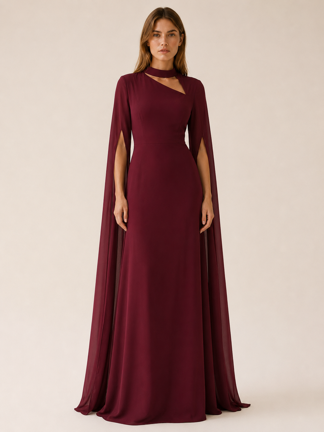 Elysia | Anteross Wedding Guest Chiffon Maxi Dress with Cape Sleeves