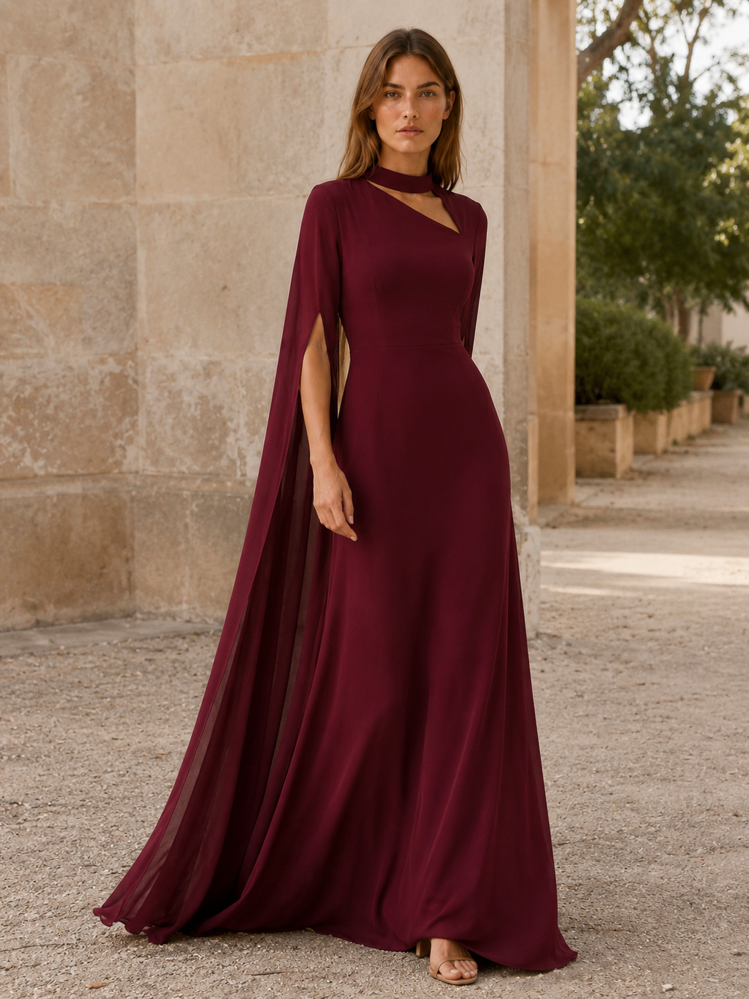 Elysia | Anteross Wedding Guest Chiffon Maxi Dress with Cape Sleeves