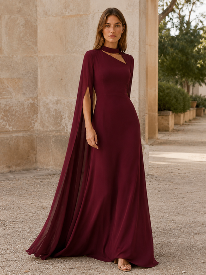 Elysia | Anteross Wedding Guest Chiffon Maxi Dress with Cape Sleeves