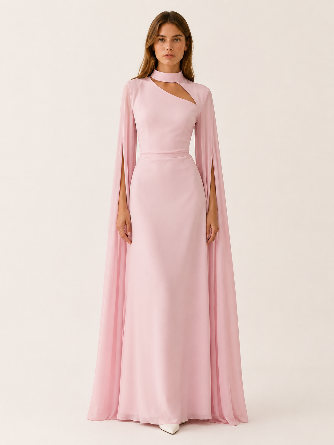 Elysia | Anteross Wedding Guest Chiffon Maxi Dress with Cape Sleeves