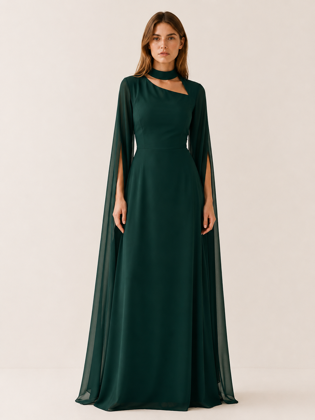 Elysia | Anteross Wedding Guest Chiffon Maxi Dress with Cape Sleeves