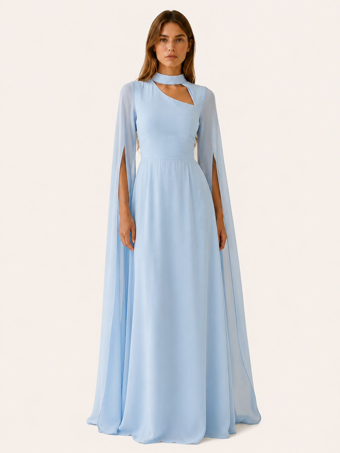 Elysia | Anteross Wedding Guest Chiffon Maxi Dress with Cape Sleeves