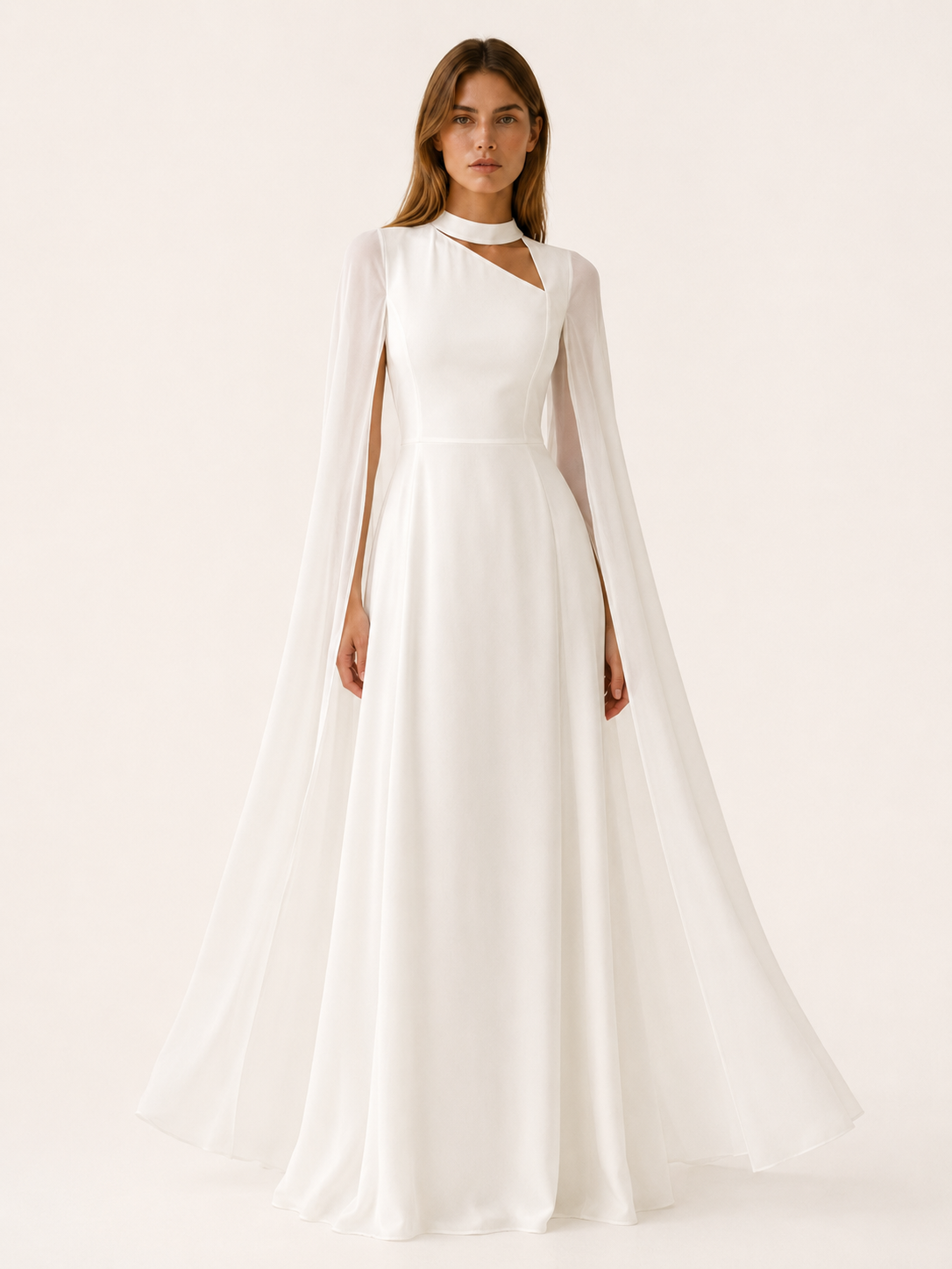 Elysia | Anteross Wedding Guest Chiffon Maxi Dress with Cape Sleeves