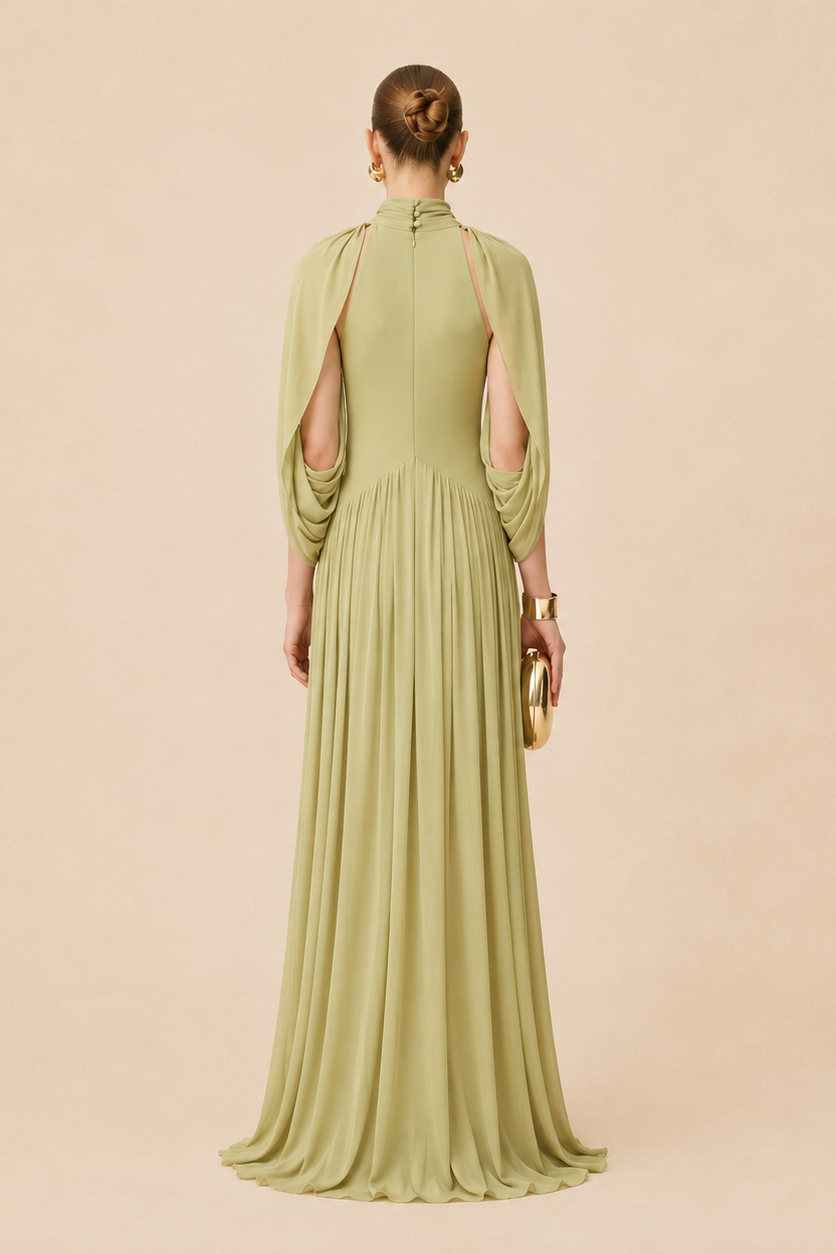 Sage Green Maternity Maxi Dress – Pleated High Neck Draped Cape Sleeve Knit Pregnancy Dress