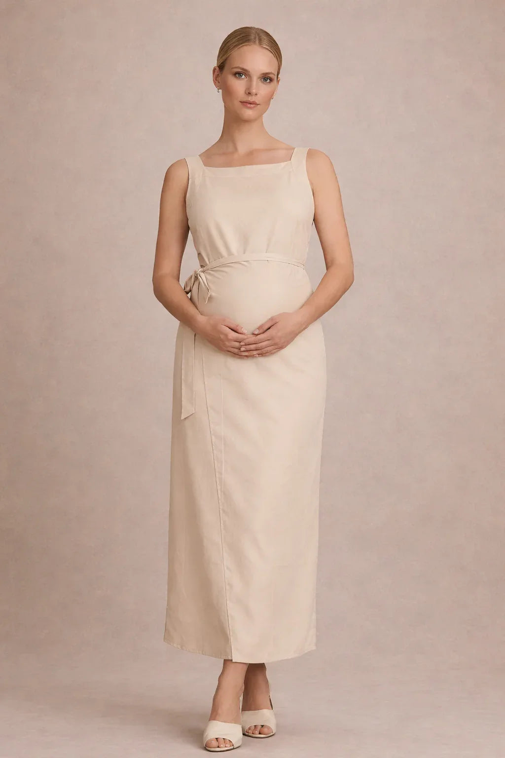 Maternity Midi Dress – Sleeveless Empire Waist Pregnancy Dress with Tie Waist