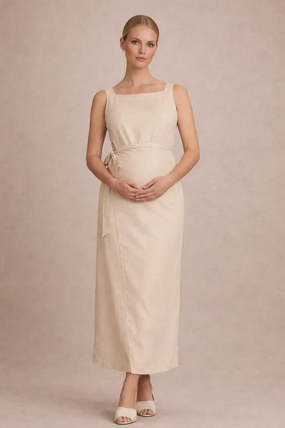 Maternity Midi Dress – Sleeveless Empire Waist Pregnancy Dress with Tie Waist