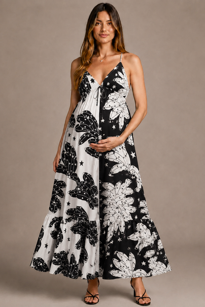 Black & White Maternity Maxi Dress – Sleeveless V-Neck Pregnancy Dress with Open Back