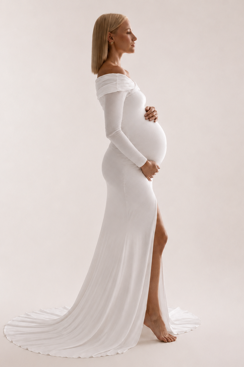 White Maternity Photoshoot Dress - Off Shoulder Long Sleeve Pregnancy Gown with Slit