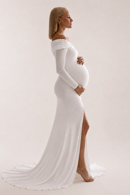 White Maternity Photoshoot Dress - Off Shoulder Long Sleeve Pregnancy Gown with Slit