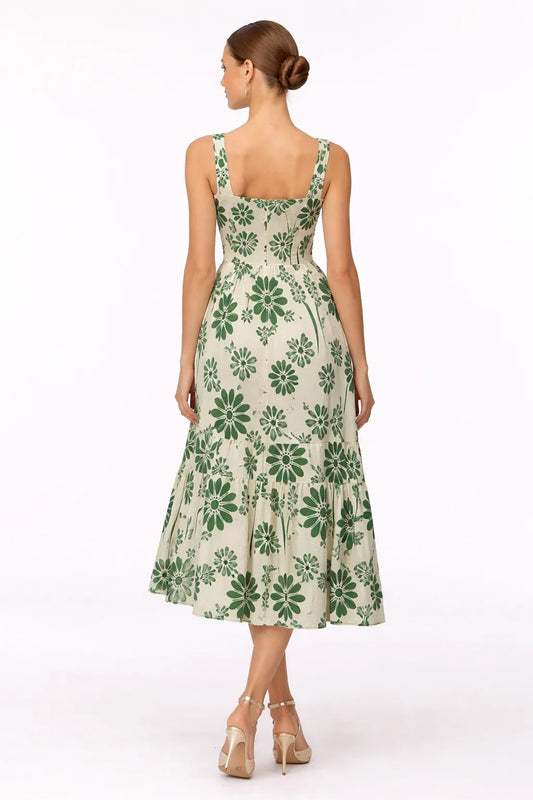 Maternity Dress for Women - White Green Floral Sleeveless Midi Dress for Baby Shower