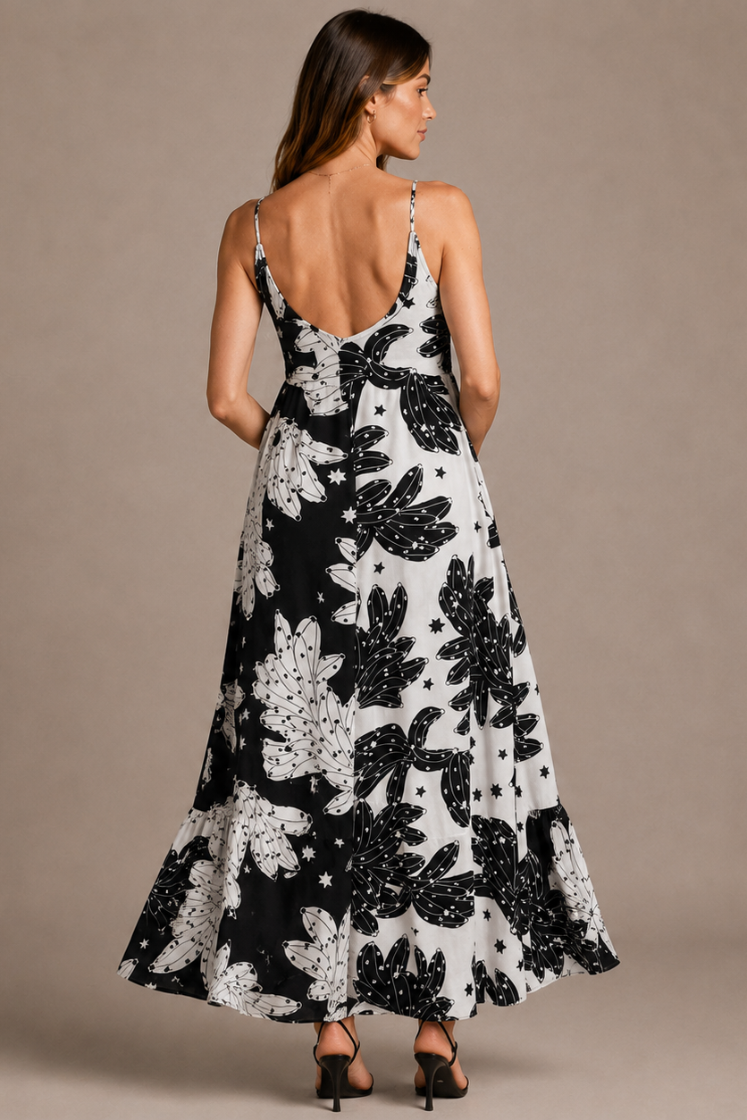 Black & White Maternity Maxi Dress – Sleeveless V-Neck Pregnancy Dress with Open Back