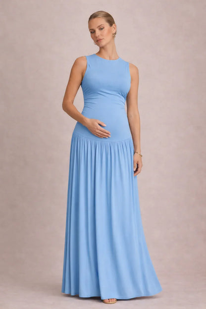 Maternity Maxi Dress – Sleeveless Round Neck Pleated Pregnancy Dress