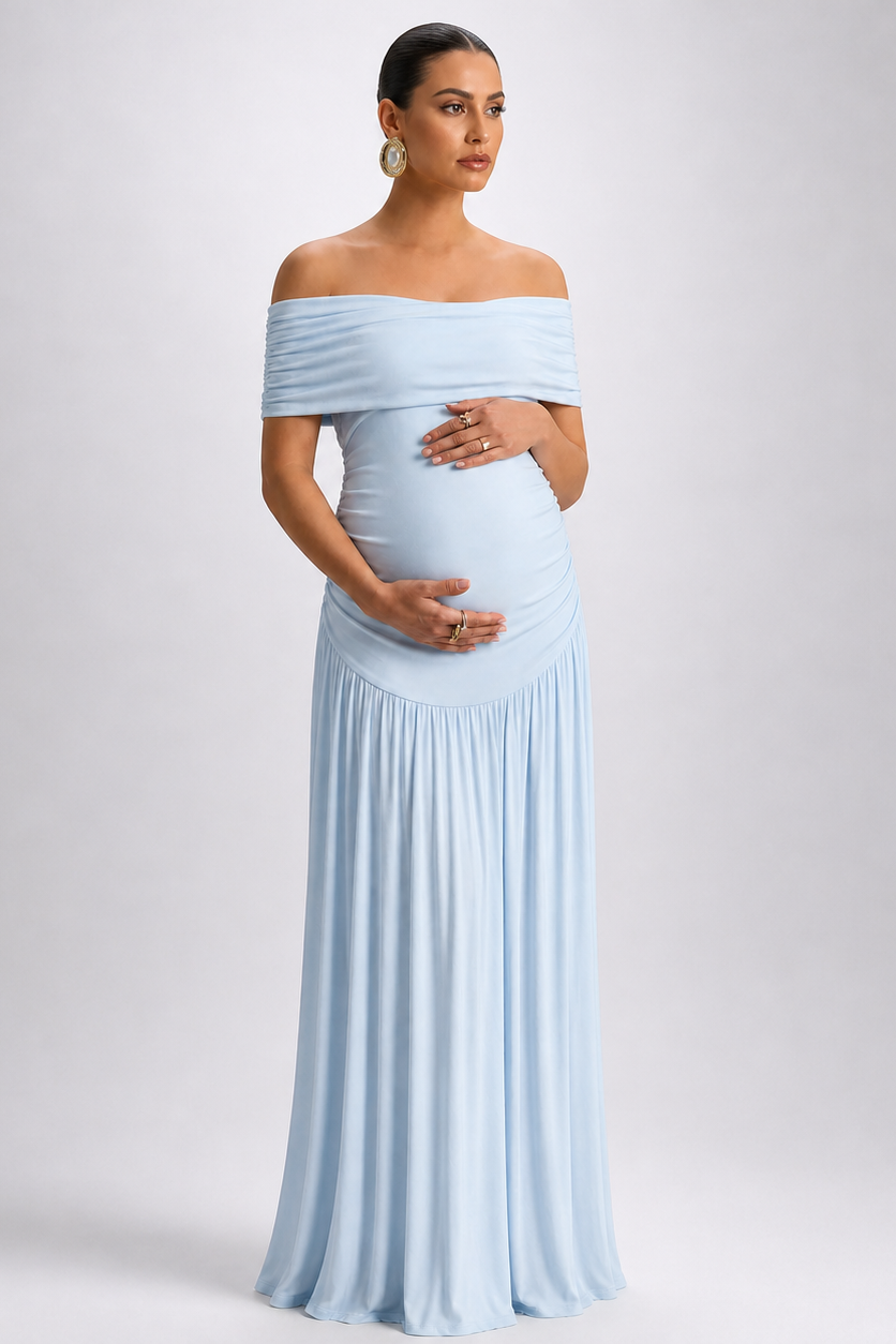 Maternity Maxi Dress – Off Shoulder Pregnancy Dress with Flowing A-Line Skirt