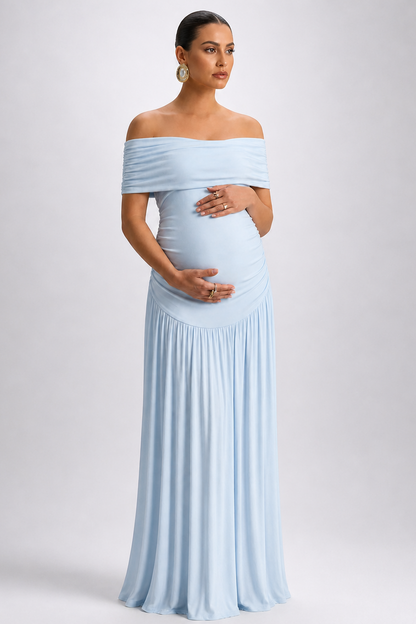 Maternity Maxi Dress – Off Shoulder Pregnancy Dress with Flowing A-Line Skirt
