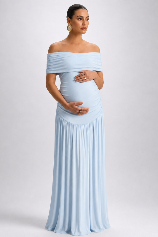 Maternity Maxi Dress – Off Shoulder Pregnancy Dress with Flowing A-Line Skirt