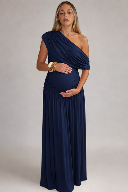 Maternity Maxi Dress – One Shoulder Asymmetric Neckline Ruched Prenatal Dress