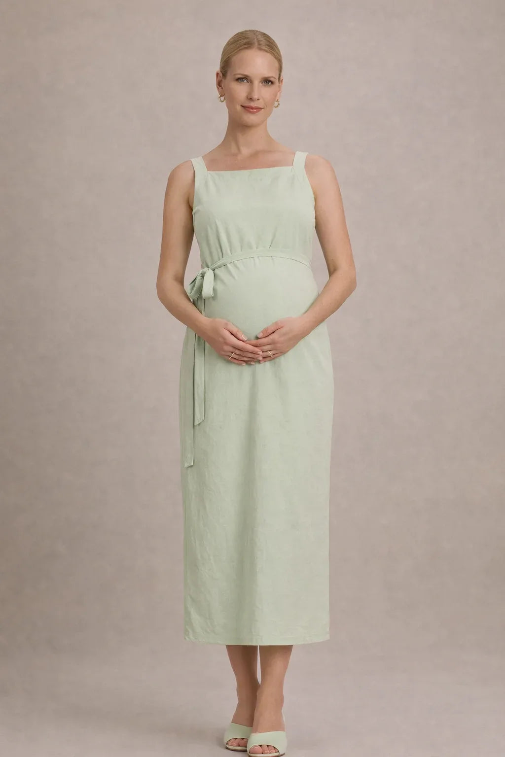Maternity Midi Dress – Sleeveless Empire Waist Pregnancy Dress with Tie Waist