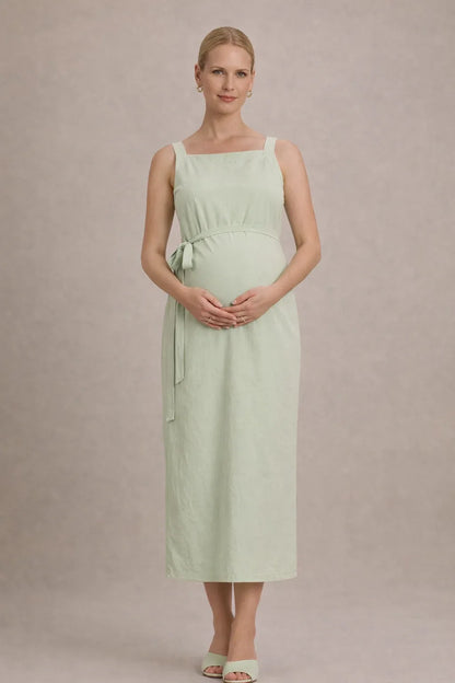 Maternity Midi Dress – Sleeveless Empire Waist Pregnancy Dress with Tie Waist