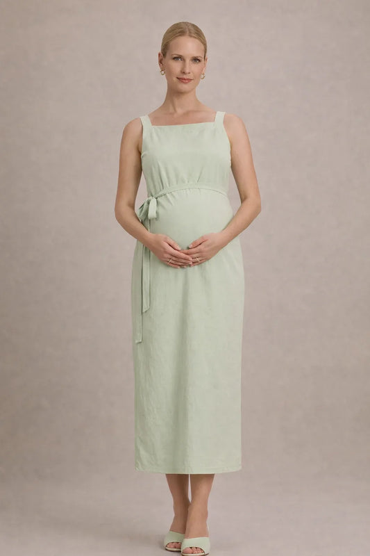 Maternity Midi Dress – Sleeveless Empire Waist Pregnancy Dress with Tie Waist