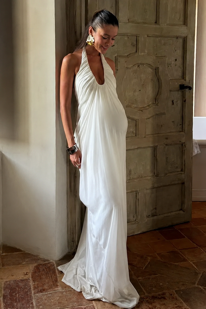 White Maternity Maxi Dress – Halter Neck Open Back Flowing Pregnancy Dress