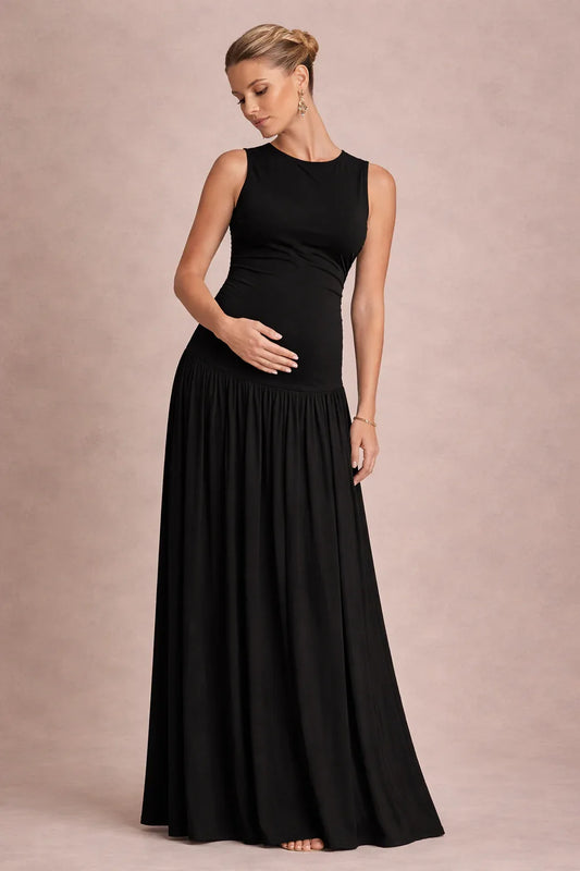Maternity Maxi Dress – Sleeveless Round Neck Pleated Pregnancy Dress