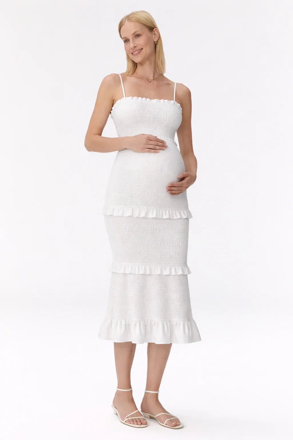 Maternity Dress for Baby Shower - Smocked Fitted Midi Dress for Women