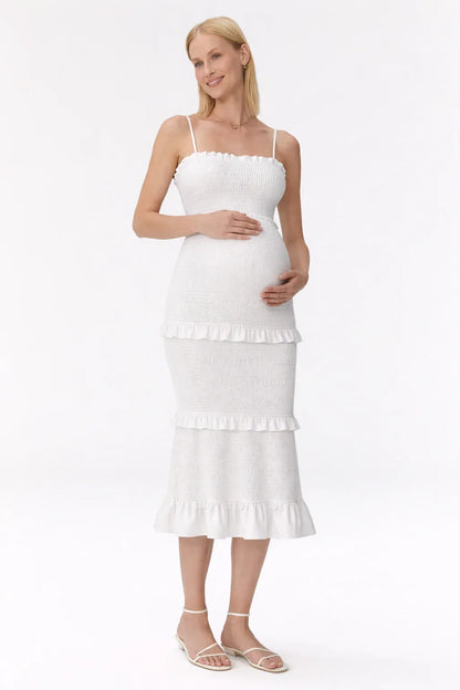 Maternity Dress for Baby Shower - Smocked Fitted Midi Dress for Women