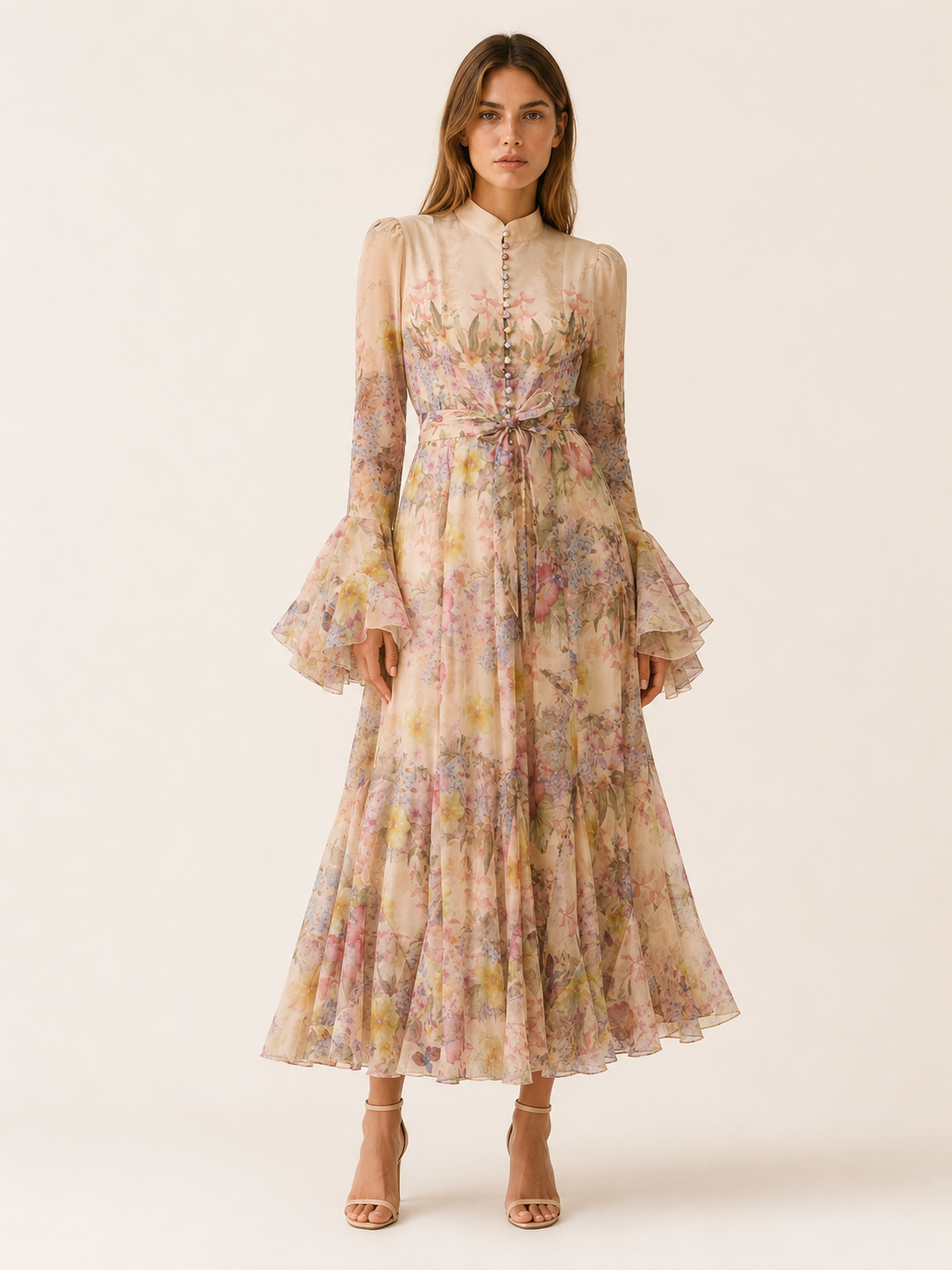 Aurelia | Anteross Wedding Guest Floral Ruffle-Cuff Maxi Dress