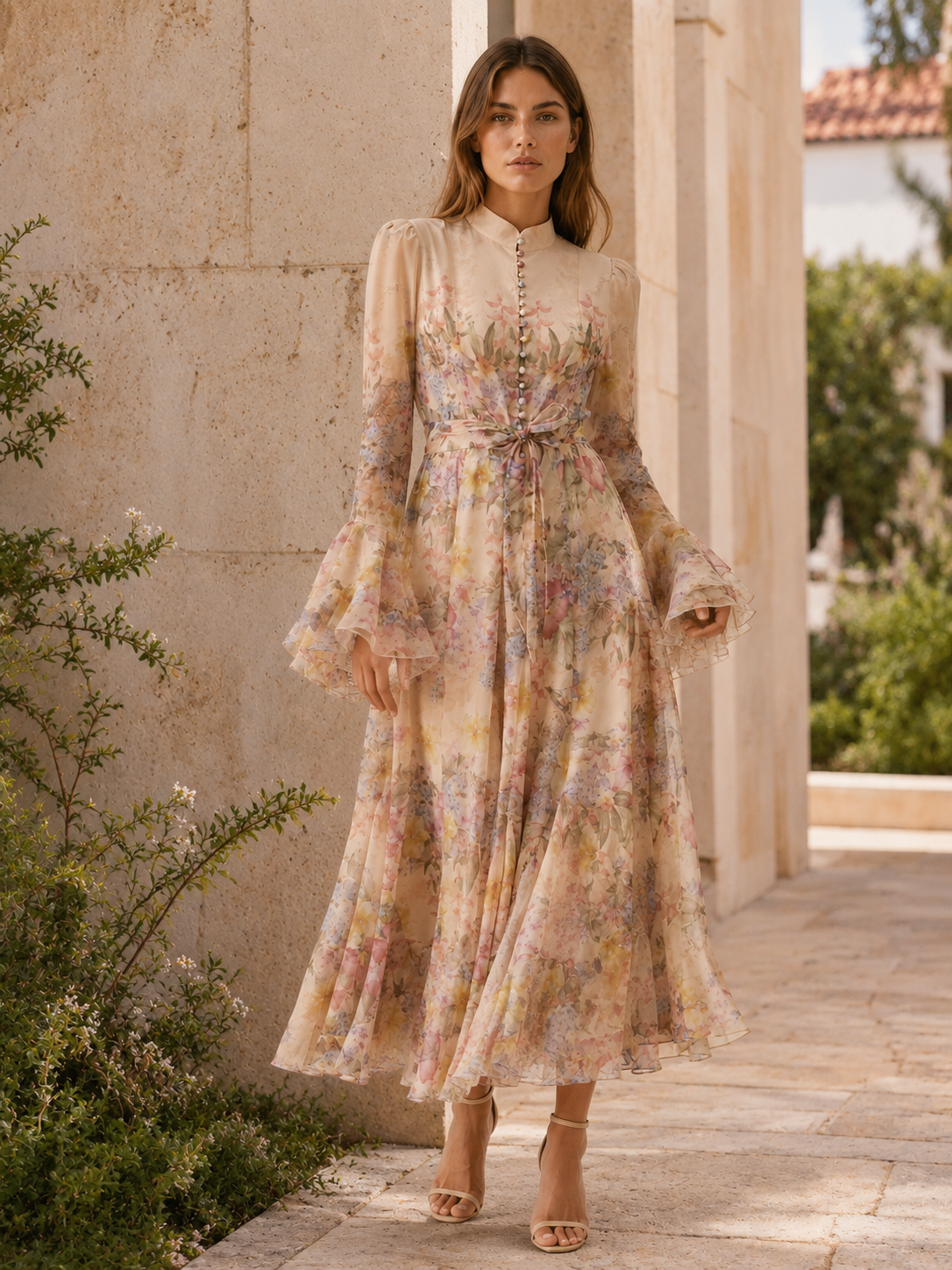 Aurelia | Anteross Wedding Guest Floral Ruffle-Cuff Maxi Dress