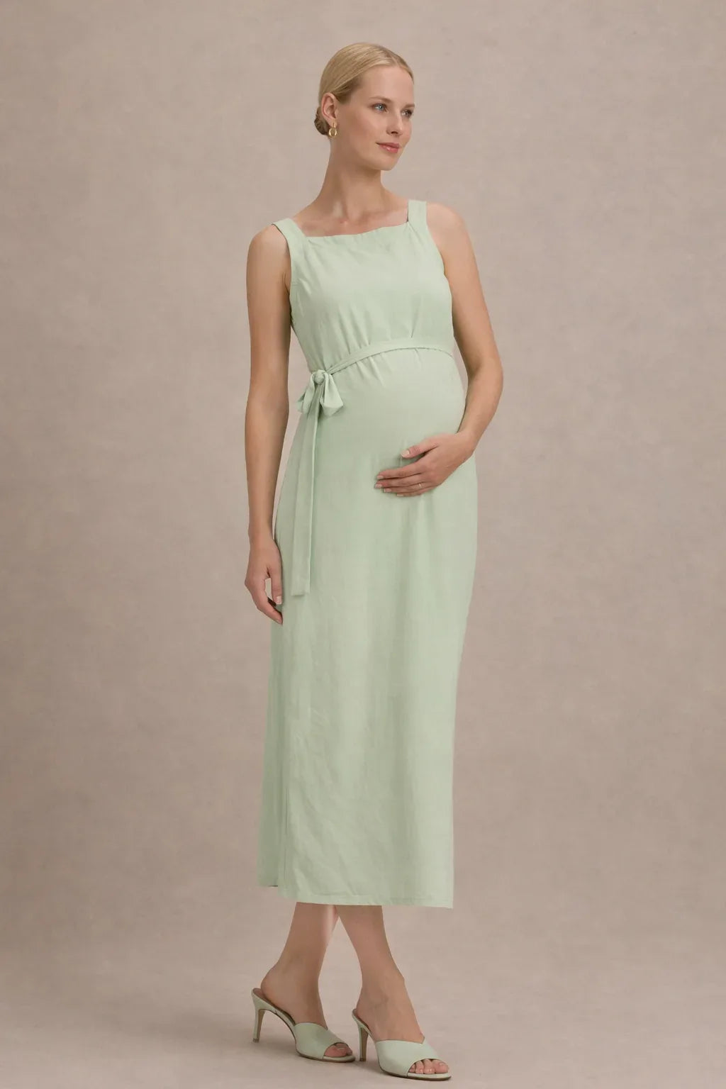 Maternity Midi Dress – Sleeveless Empire Waist Pregnancy Dress with Tie Waist