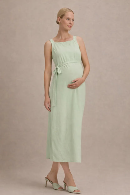 Maternity Midi Dress – Sleeveless Empire Waist Pregnancy Dress with Tie Waist