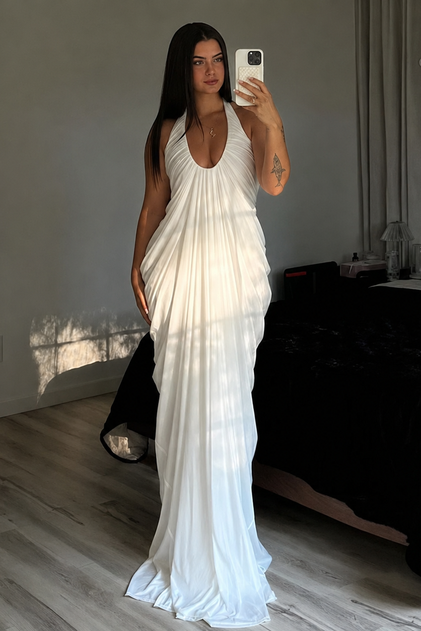 White Maternity Maxi Dress – Halter Neck Open Back Flowing Pregnancy Dress