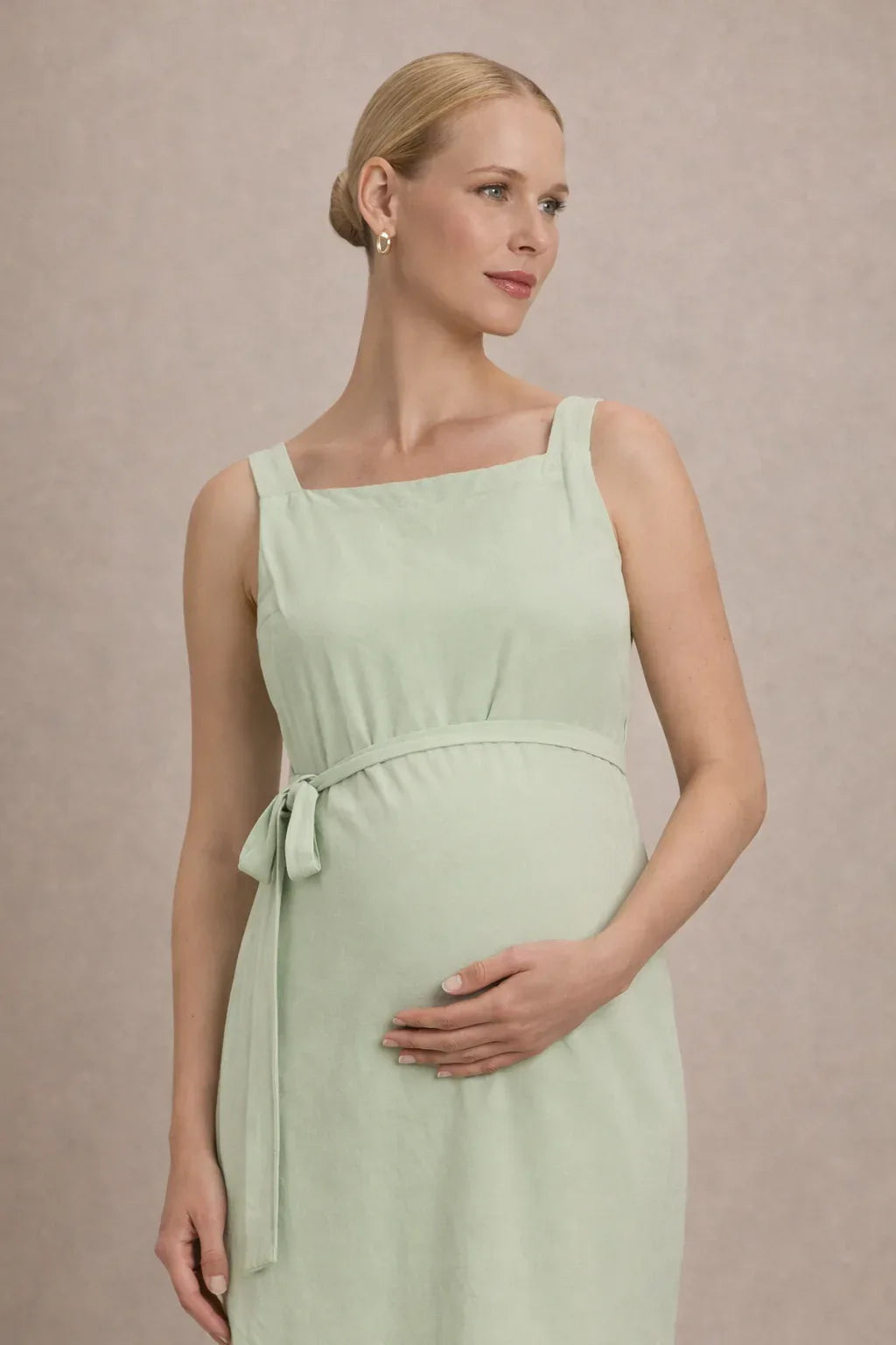 Maternity Midi Dress – Sleeveless Empire Waist Pregnancy Dress with Tie Waist