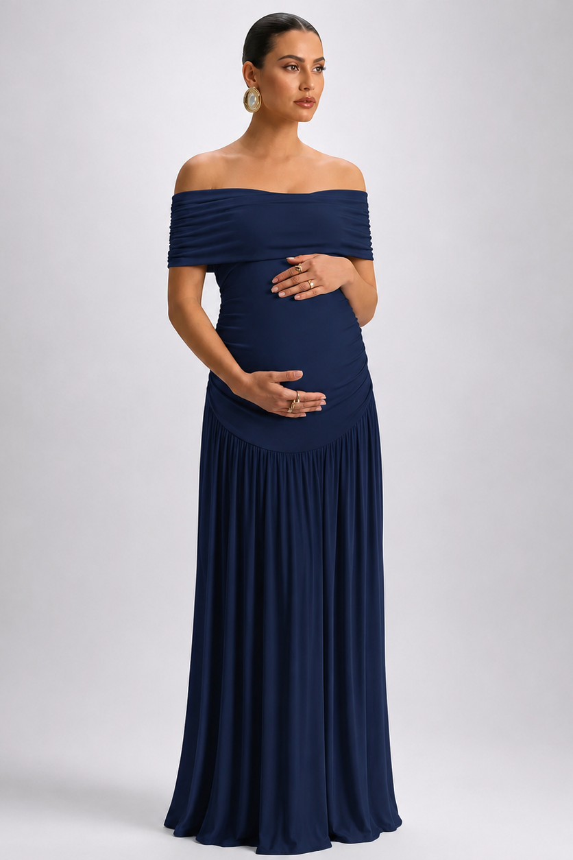 Maternity Maxi Dress – Off Shoulder Pregnancy Dress with Flowing A-Line Skirt