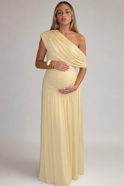 Maternity Maxi Dress – One Shoulder Asymmetric Neckline Ruched Prenatal Dress