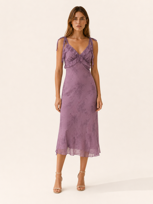 Celeste | Anteross Wedding Guest Floral Ruffle Midi Dress with Tie Straps