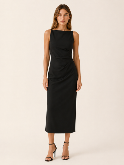 Celeste | Anteross Wedding Guest Straight Neck Midi Dress with Sleeveless Cut