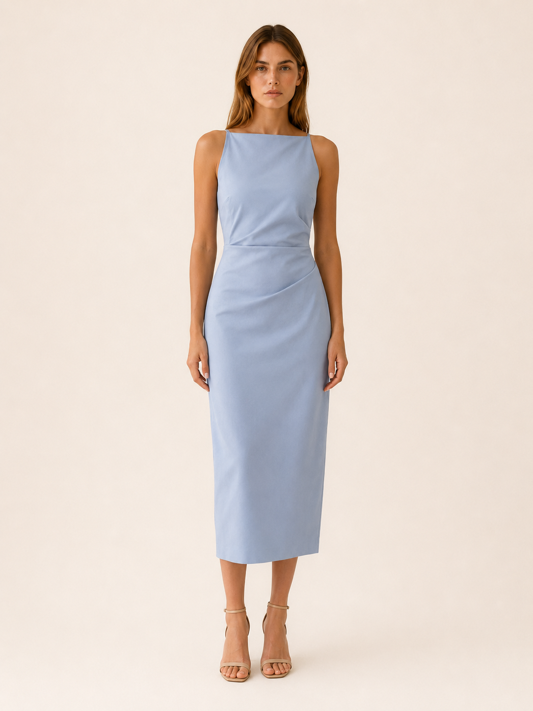 Celeste | Anteross Wedding Guest Straight Neck Midi Dress with Sleeveless Cut