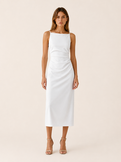 Celeste | Anteross Wedding Guest Straight Neck Midi Dress with Sleeveless Cut