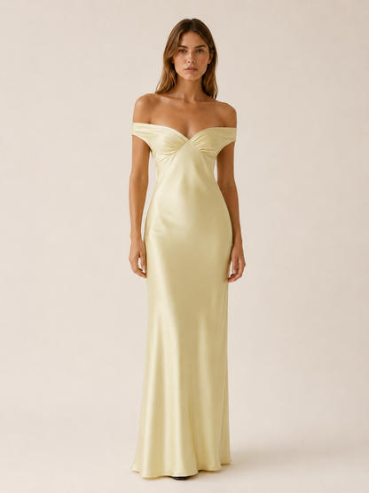 Elara | Anteross Wedding Guest Off Shoulder Maxi Dress with Fitted Bodice