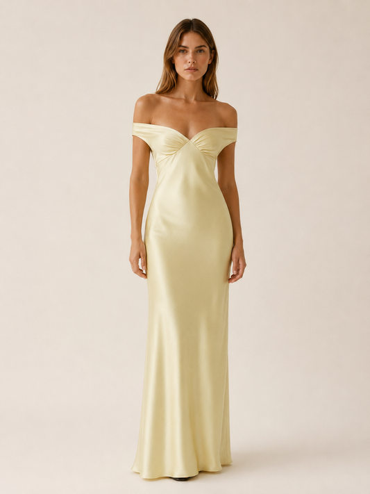 Elara | Anteross Wedding Guest Off Shoulder Maxi Dress with Fitted Bodice