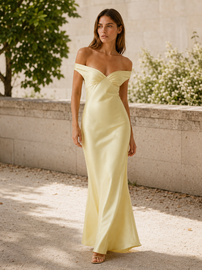 Elara | Anteross Wedding Guest Off Shoulder Maxi Dress with Fitted Bodice