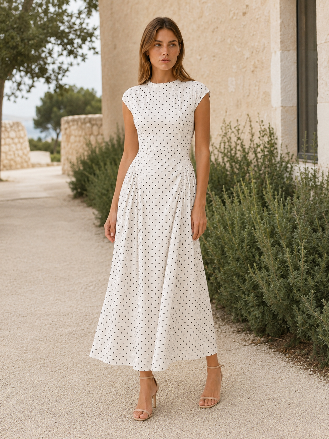 Celeste | Anteross Wedding Guest Polka Dot Maxi Dress with Cap Sleeves