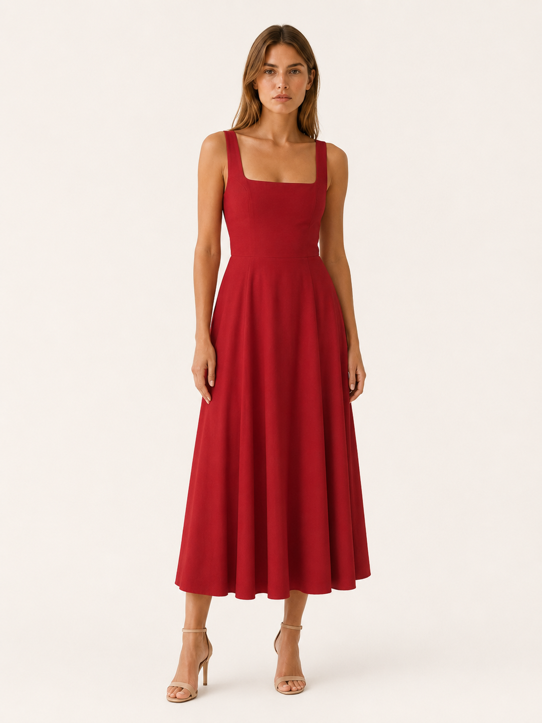 Celeste | Anteross Wedding Guest Square Neck Midi Dress with Wide Straps