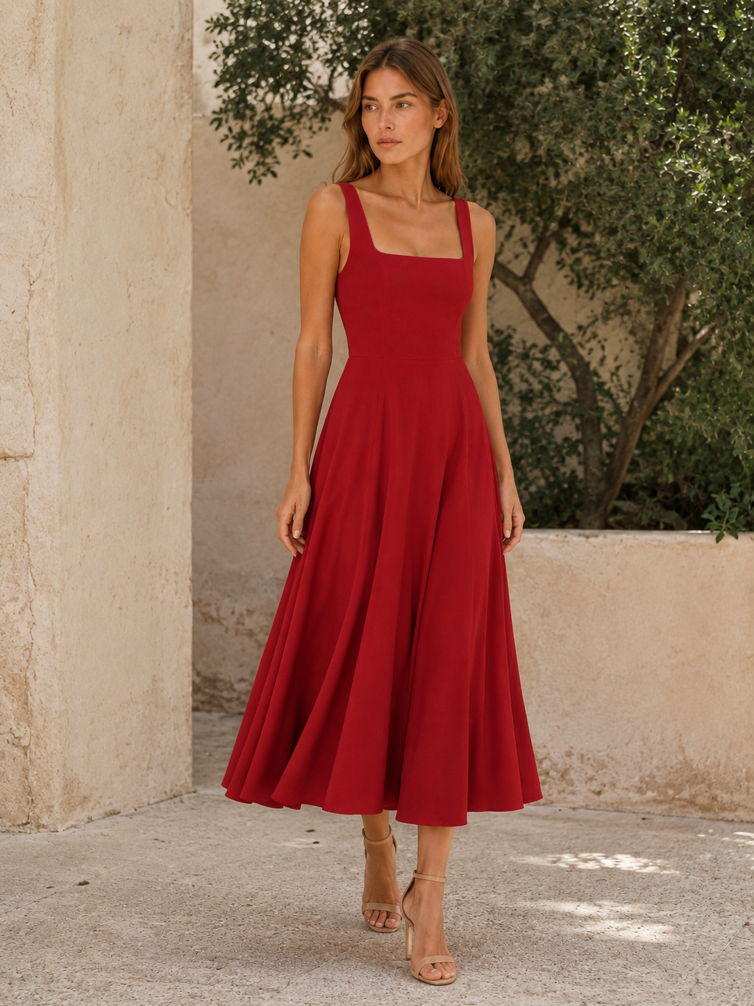 Celeste | Anteross Wedding Guest Square Neck Midi Dress with Wide Straps