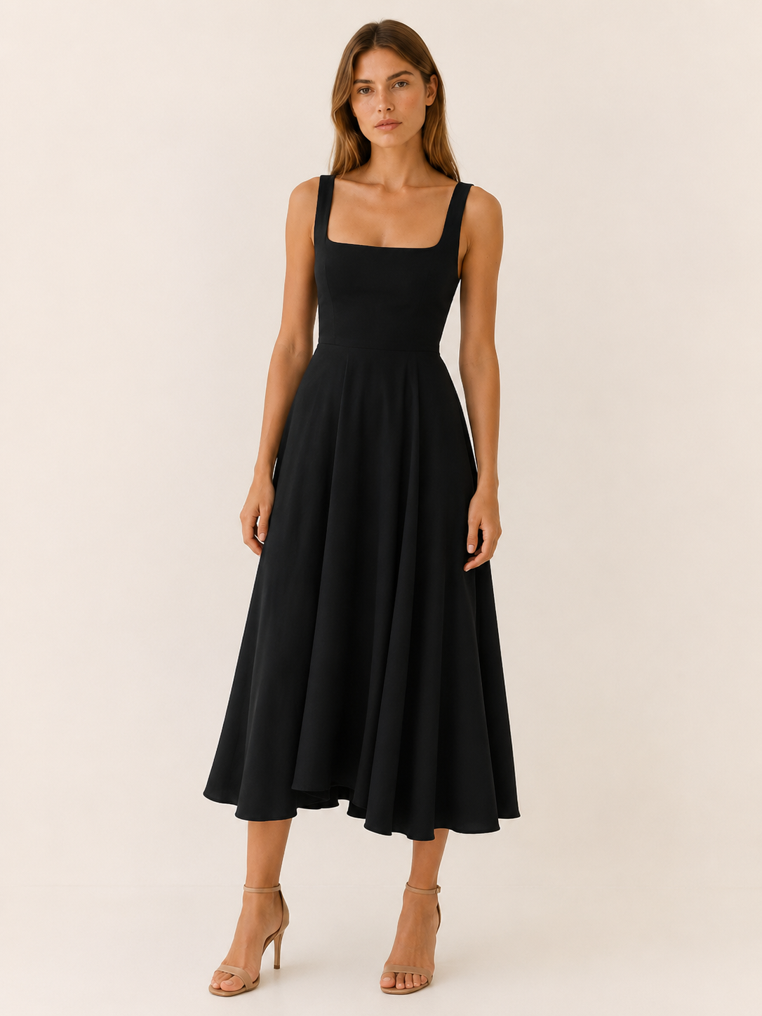 Celeste | Anteross Wedding Guest Square Neck Midi Dress with Wide Straps