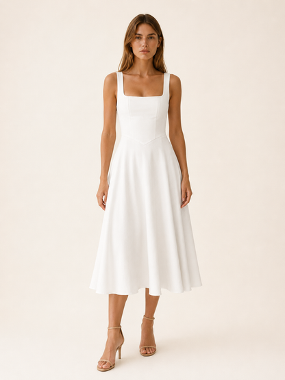 Celeste | Anteross Wedding Guest Square Neck Midi Dress with Wide Straps