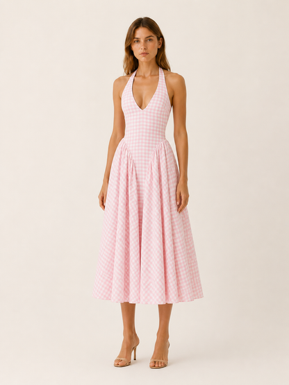 Amelie | Anteross Wedding Guest Gingham Halter Midi Dress with Open Back
